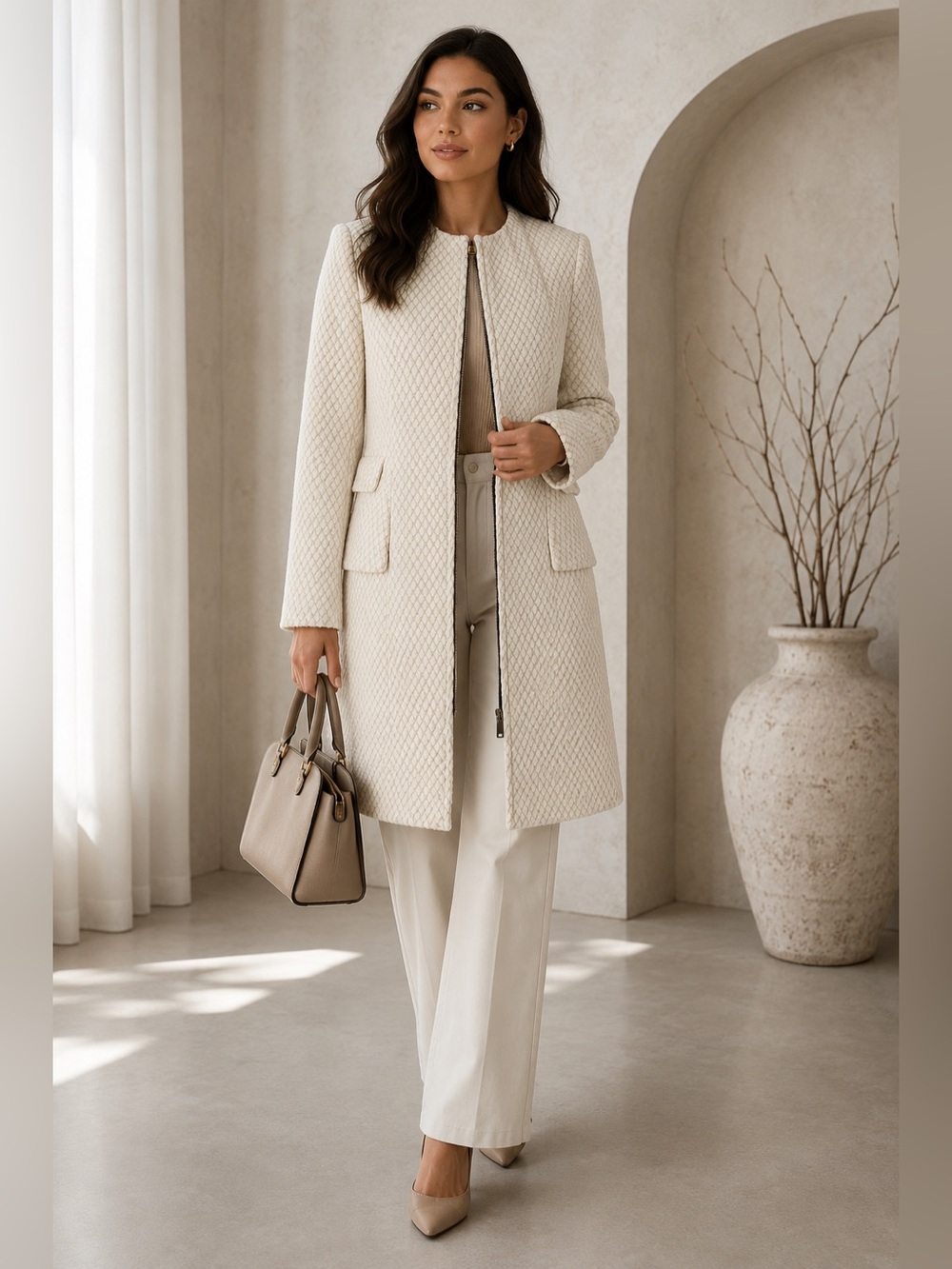 Zara Basic Cream Textured Zip Peplum Long Coat Jacket Women’s Large NWT